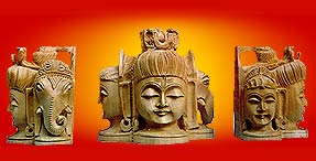 wooden trimurti figures, goddess kali statues